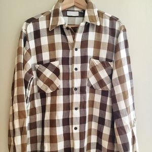 Vintage Mens Brown + White Gingham Button Up Shirt